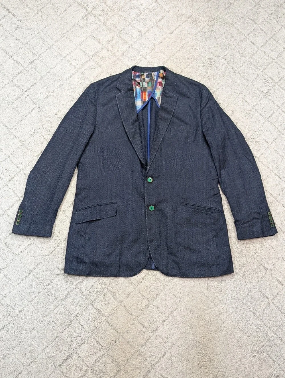 Robert Graham Jacket Mens 42R Blue Herringbone Linen Blend Unstructured Blazer